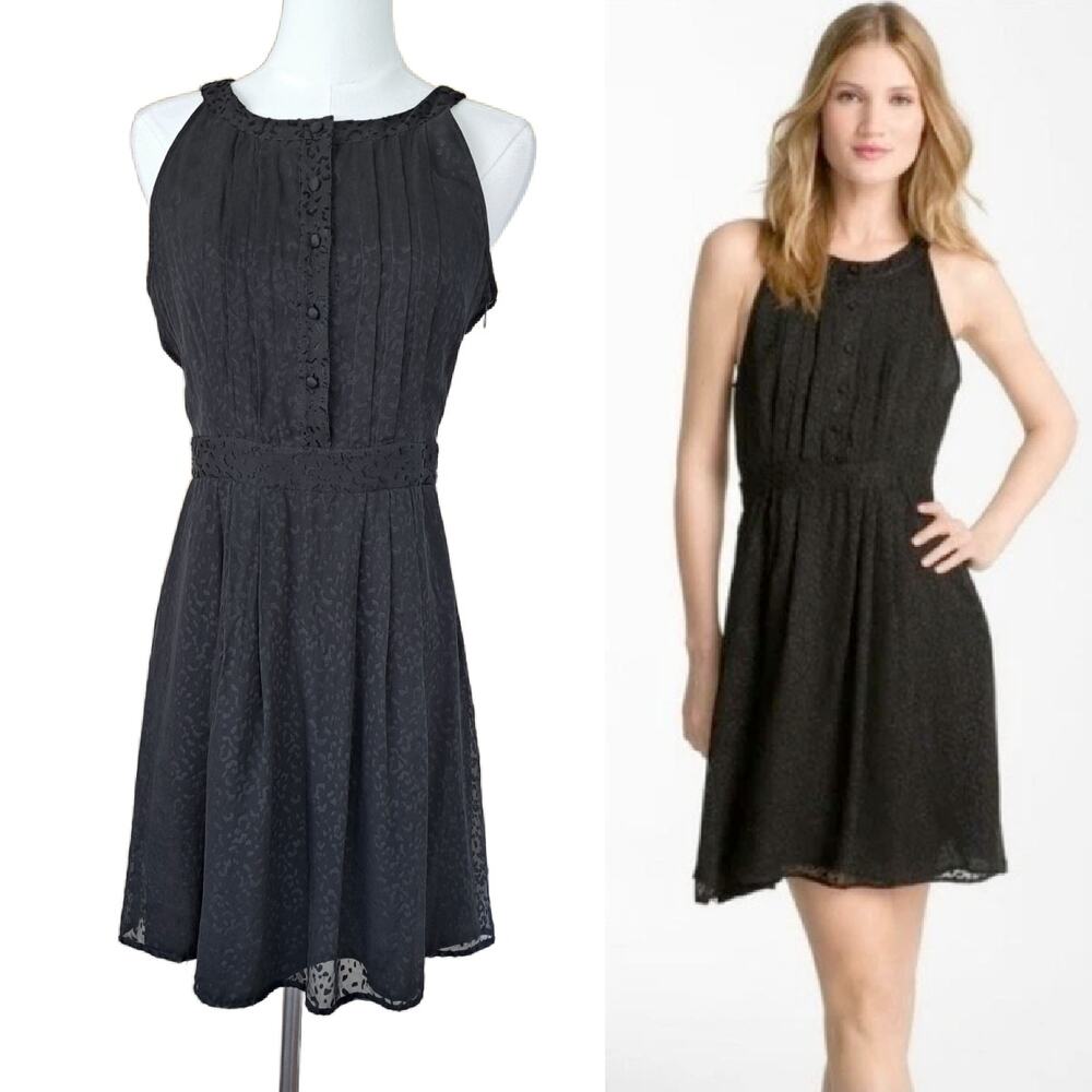 THOERY Keresa Black Silk Burnout Halter Mini Dress Sz 4 Pleated Sleeveless LBD